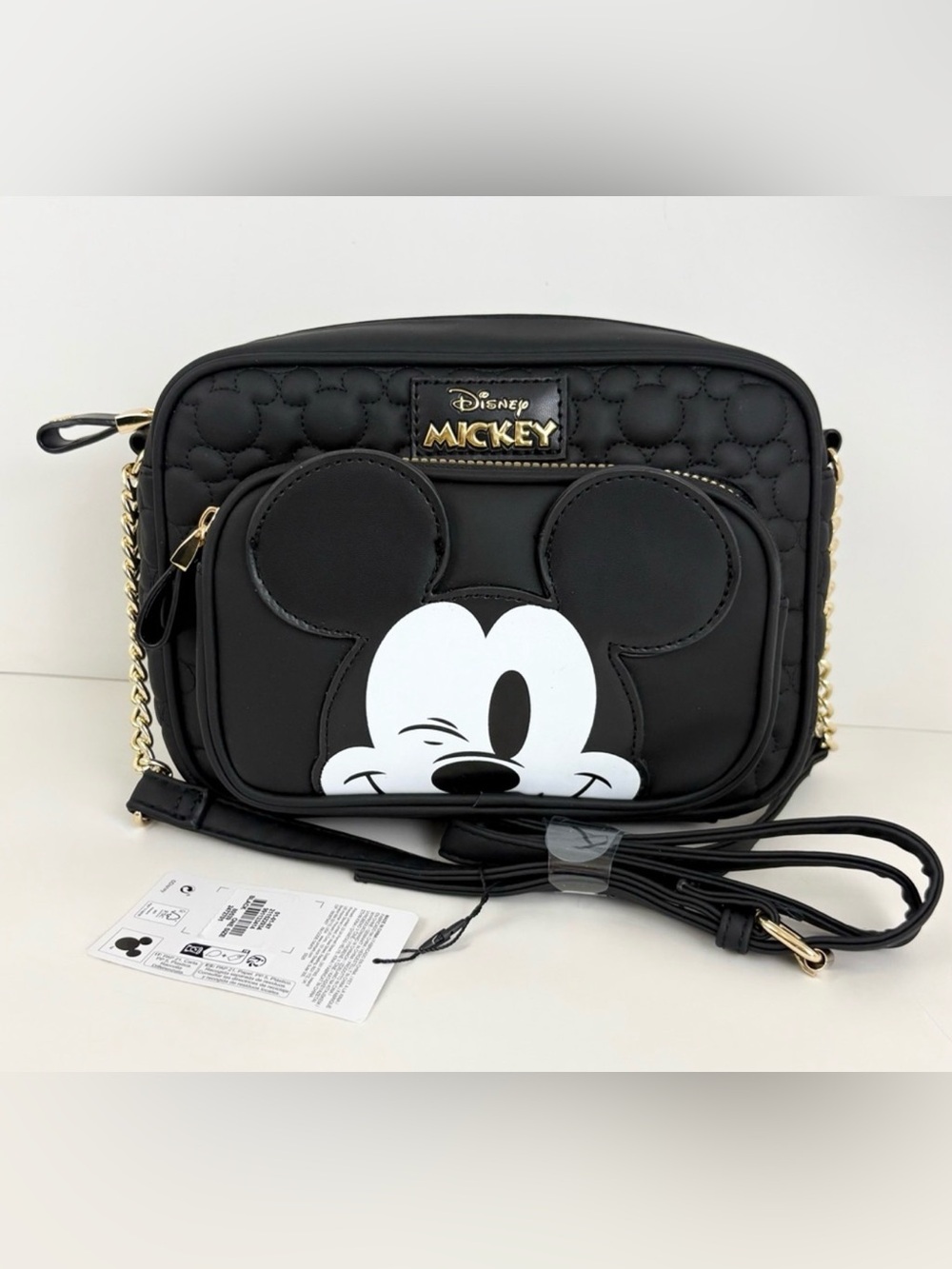 Primark x Disney Black Winking Mickey Quilted Crossbody Bag with Gold Logo *NWT
